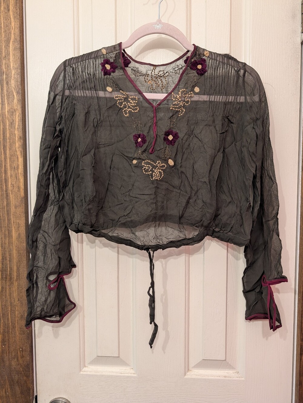 Vintage 30s 40s Women's Black Sheer Floral Embroidered Hungarian Peasant Blouse